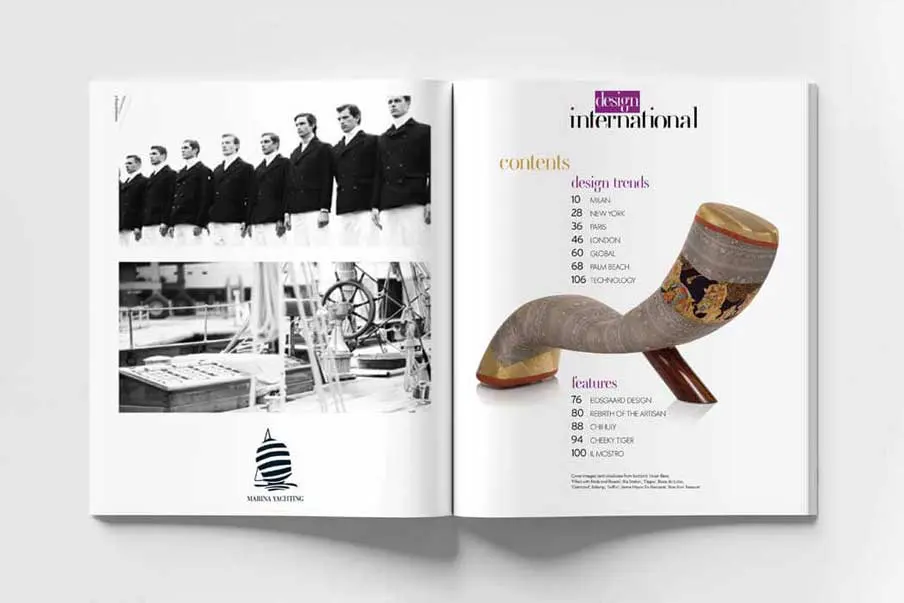 Interior design magazine spread showcasing a Kimono Chaise and Marina Yachting ad, page layout art directed by Sonia Cameron.