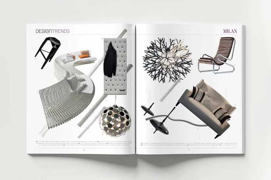 Interior design magazine spread showcasing modern Italian furniture, page layout art directed by Sonia Cameron.