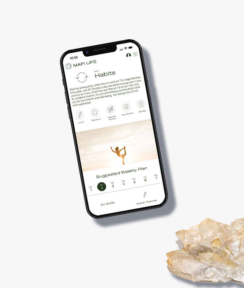 Mapi Life mobile app next to a crystal