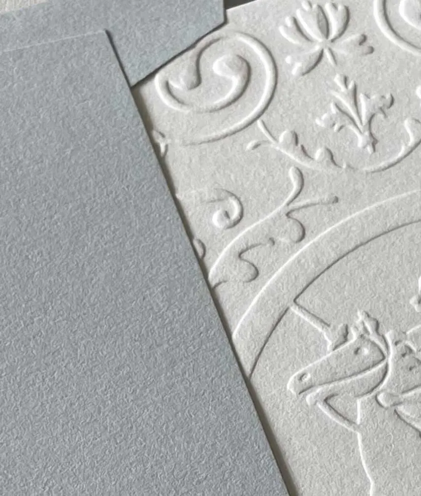 Designer Stationery by Sonia Cameron – blind embossed Perseus and Pegasus greeting card with blue envelope.