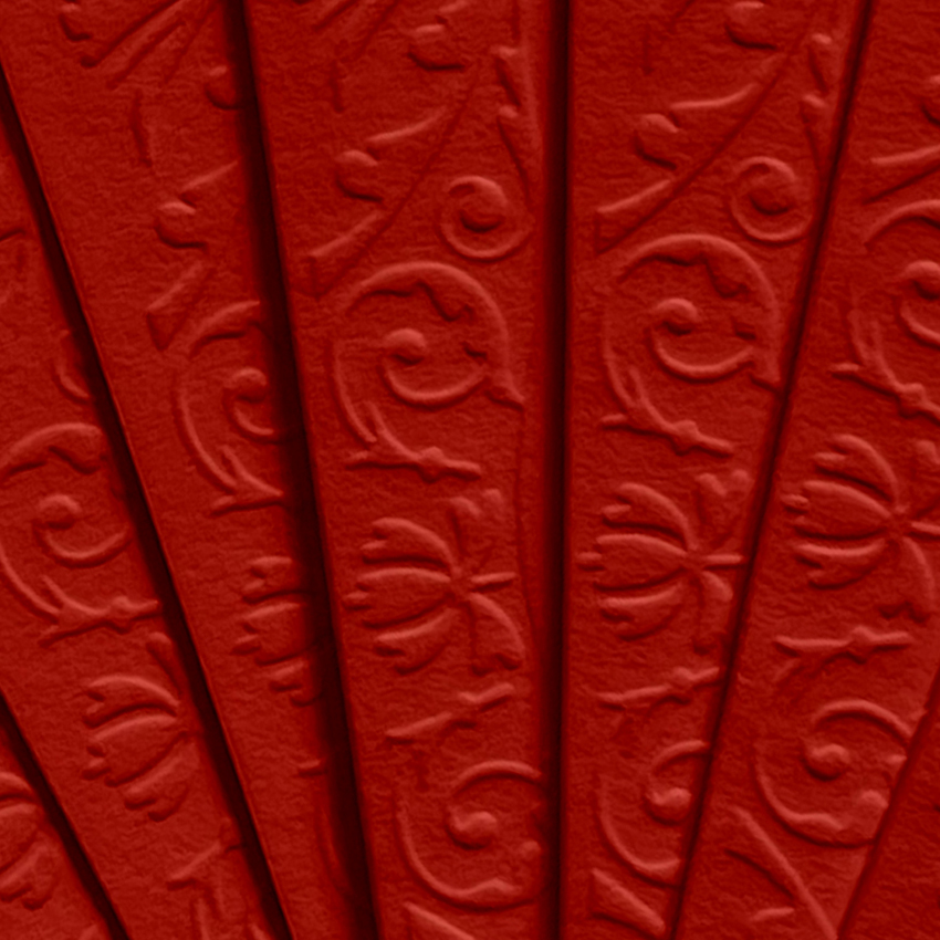 Close-up of a fan of Red Peony blind embossed greeting cards