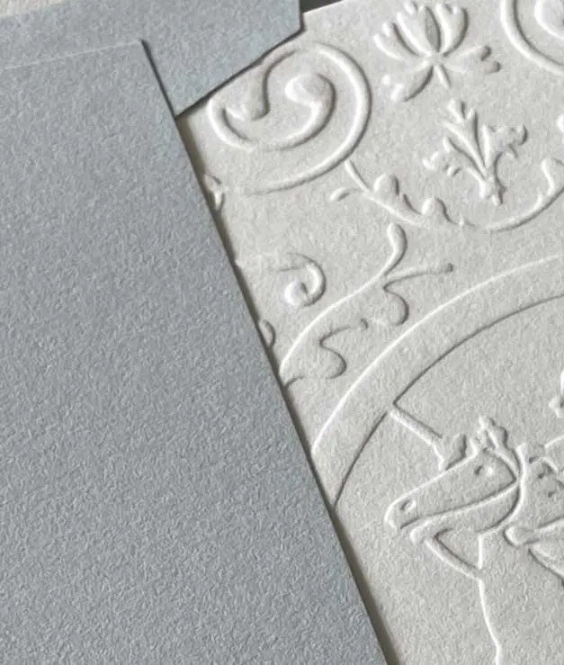 Designer Stationery by Sonia Cameron – blind embossed Perseus and Pegasus greeting card with blue envelope.